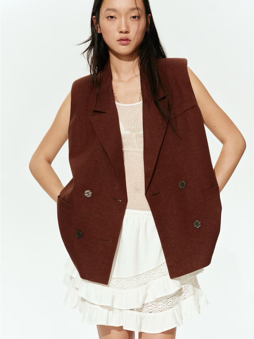 Dark Brown Linen Blend Blazer Vest